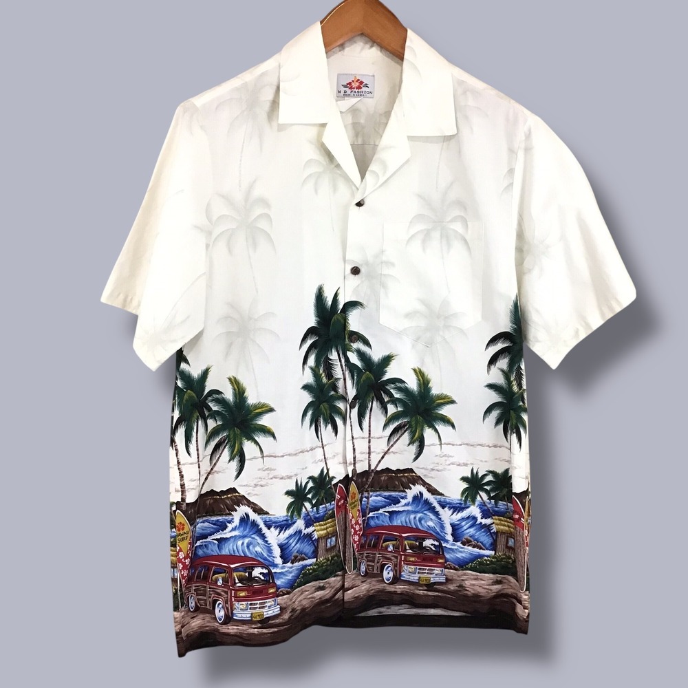 M‎ D Fashion Hawaiian Shirt White Surf Woody Wagon Palm Tree Made in Hawaii M